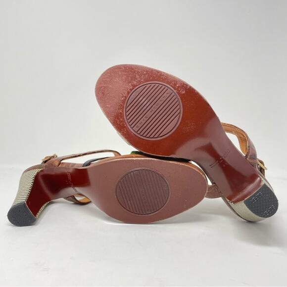 Chie Mihara | Heel Sandals Leather Strappy Brown Green B&W Checkered Heel 41 /11 - Picture 8 of 11